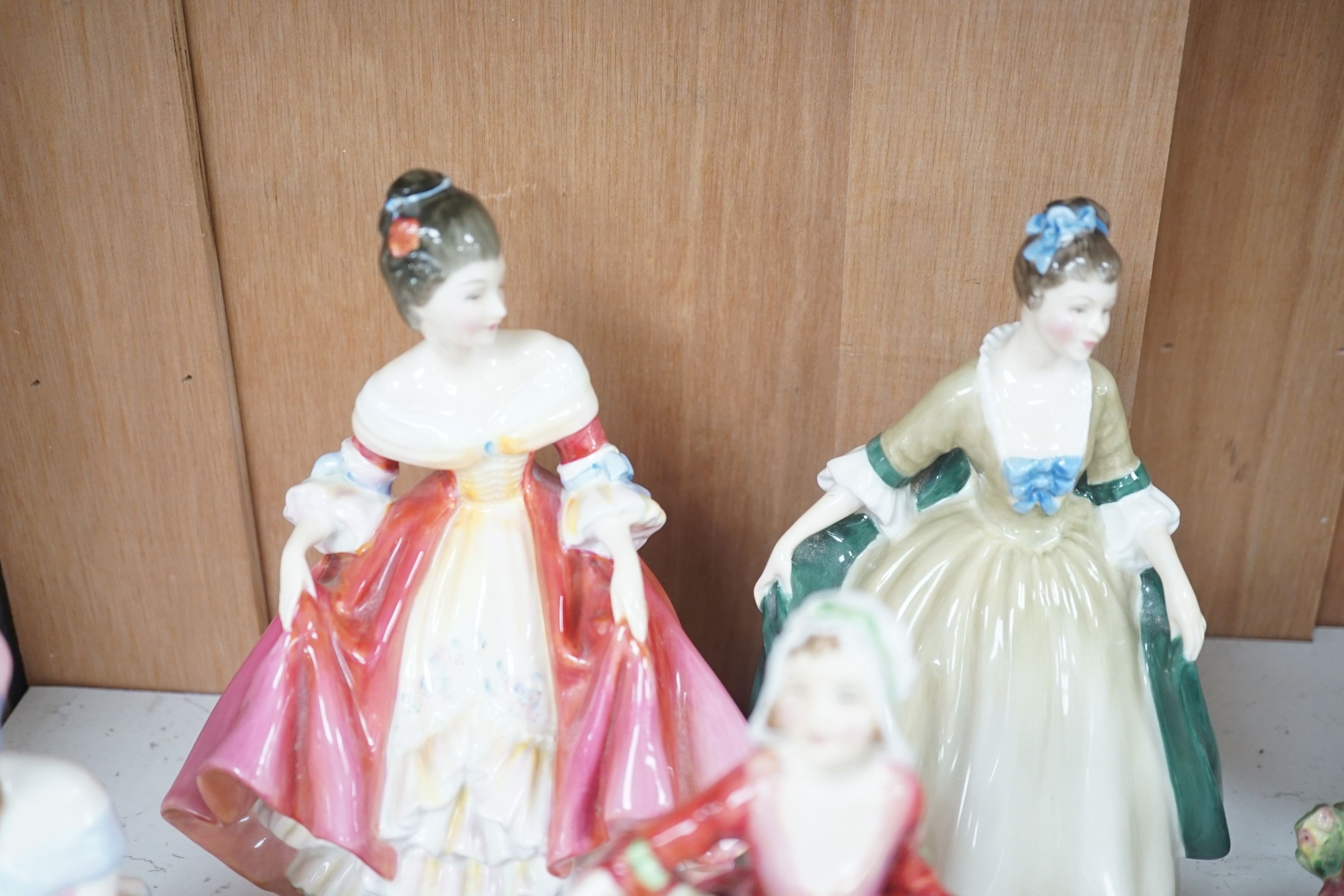 6 Royal Doulton figurines and 3 smaller figurines, Fair Lady HN2193, Gay Morning HN2135, Cissie HN1809, Valerie HN2107, Elegance HN2264, Lydia HN1908, Janet HN1537, Day Dreams HN1731 and Southern Bell HN2229